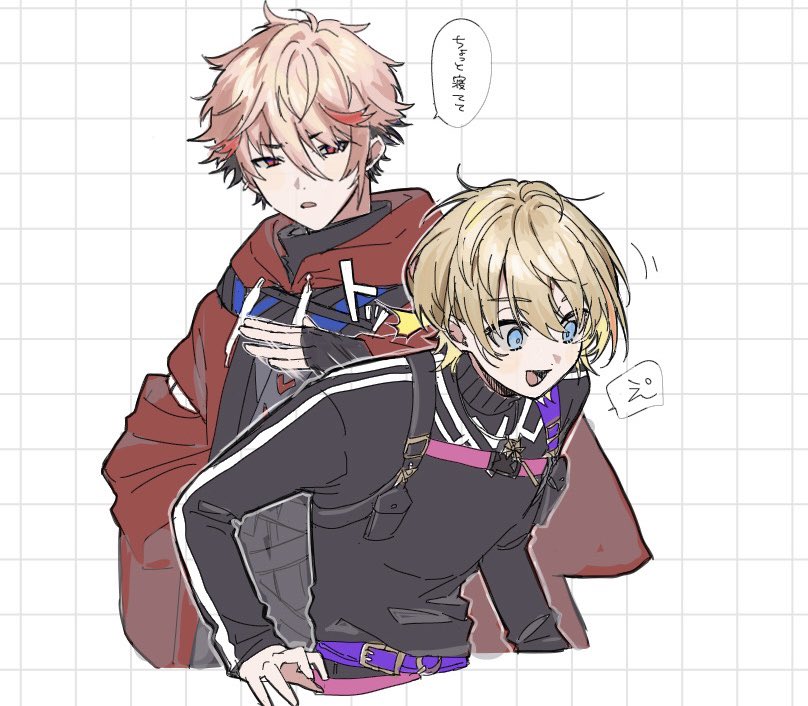 2boys :d :o belt belt_buckle black_gloves black_hair black_shirt blonde_hair blue_eyes buckle chest_harness coat commentary_request drawstring fingerless_gloves fura_kanato fura_kanato_(1st_costume) gloves grid_background hair_between_eyes hand_up harness hood hood_down hooded_coat jewelry kuzumiya_yuyu long_sleeves male_focus multicolored_hair multiple_boys necklace nijisanji open_mouth orange_hair pink_hair purple_belt red_coat red_eyes red_hair seraph_dazzlegarden seraph_dazzlegarden_(1st_costume) shirt short_hair simple_background smile speech_bubble streaked_hair translation_request turtleneck v-shaped_eyebrows virtual_youtuber white_background