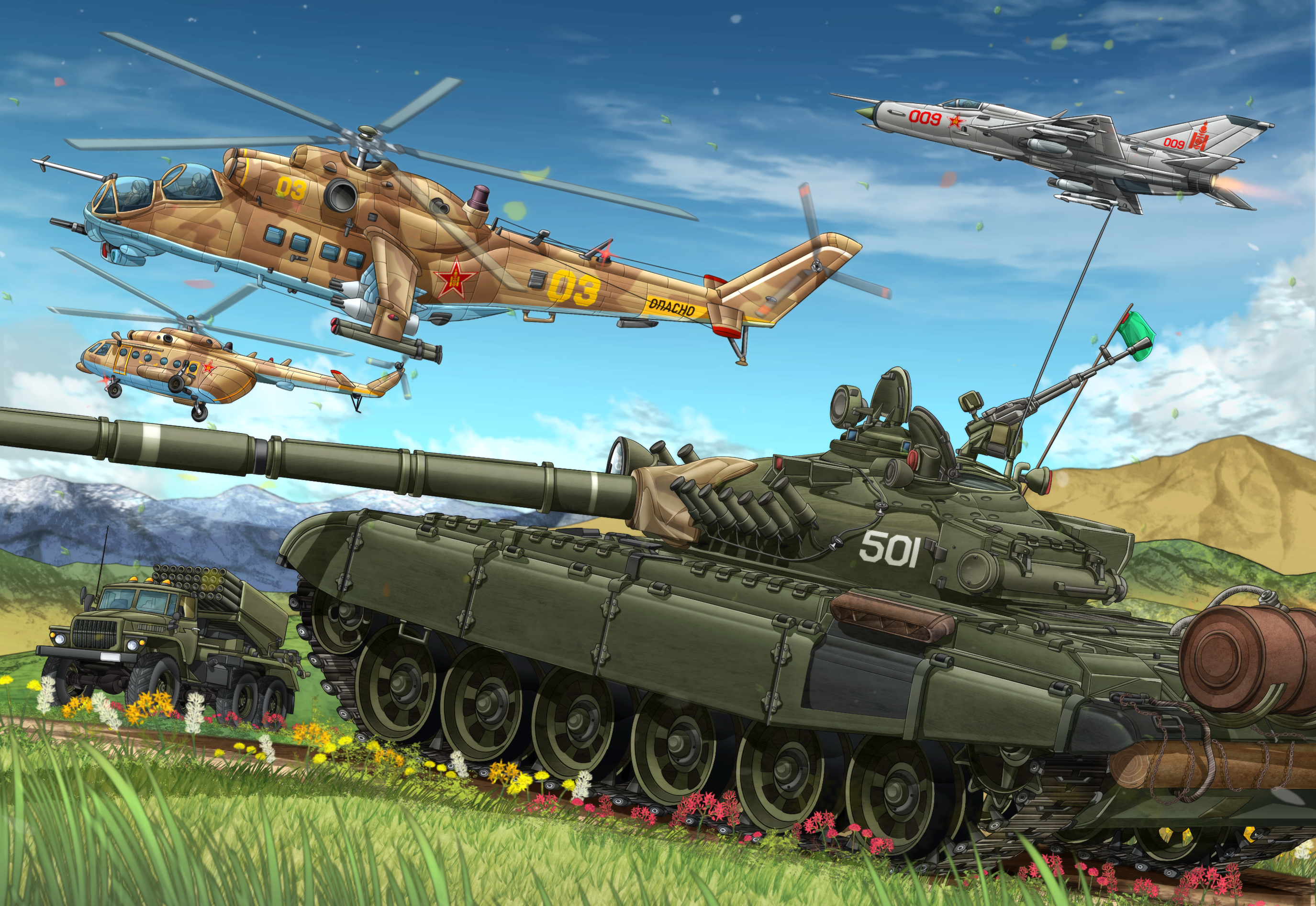 aircraft airplane akm assault_rifle attack_helicopter bm-21 brown_eyes brown_hair caterpillar_tracks cloud combat_webbing commentary_request dog flag flag_on_vehicle flower gloves goggles goggles_on_head graphite_(medium) gun hat hatch helicopter highres horse jet kalashnikov_rifle mi-24 mi-8 mig-21 mikeran_(mikelan) military military_uniform military_vehicle missile missile_pod motor_vehicle mountain original red_star rifle sky smoke_grenade_launcher star_(symbol) t-72 tank traditional_media truck vehicle_focus weapon