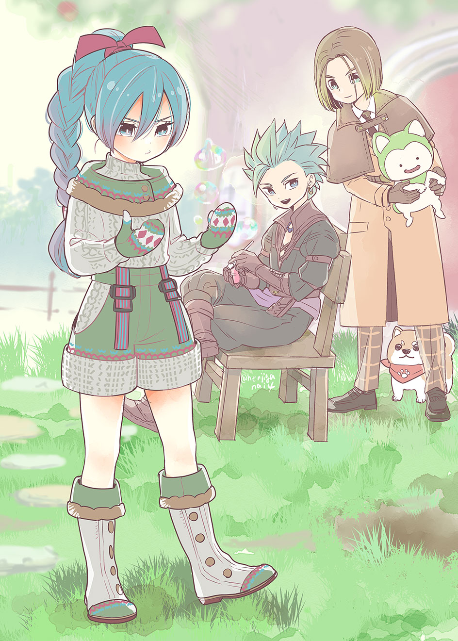 1girl 2boys 2others alternate_costume aqua_eyes aqua_hair bead_necklace beads black_gloves black_pants blowing_bubbles blue_eyes blue_hair blurry blurry_background braid braided_ponytail bright_pupils brother_and_sister brown_capelet brown_coat brown_gloves brown_hair camus_(dq11) capelet carrying carrying_person chair coat commentary_request crossed_legs dog dragon_quest dragon_quest_x dragon_quest_xi earrings full_body gloves gold_earrings grass green_fur green_mittens green_shorts grey_sweater hair_between_eyes hair_ribbon hero_(dq11) high-waist_shorts highres hoop_earrings im5364 in-franchise_crossover jewelry loafers looking_at_another looking_at_hands looking_to_the_side maya_(dq11) medium_hair mittens multiple_boys multiple_others neckerchief necklace on_chair overcoat pants parted_bangs parted_hair paw_print plaid_clothes plaid_pants puklipo red_neckerchief red_ribbon ribbon shiba_inu shoes short_hair shorts siblings single_bang sitting slime_(dragon_quest) spiked_hair sweater tree white_pupils