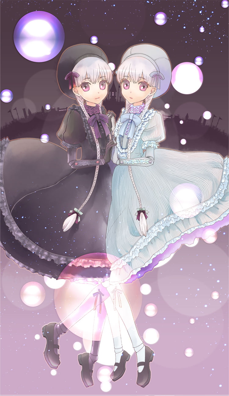 10s 2girls alice_(fate) bad_id bad_pixiv_id braid dress fate/extra fate_(series) highres juliet_sleeves komaq long_hair long_sleeves multiple_girls nursery_rhyme_(fate) nursery_rhyme_(fate/grand_order) pantyhose puffy_sleeves purple_eyes thighhighs twin_braids white_hair