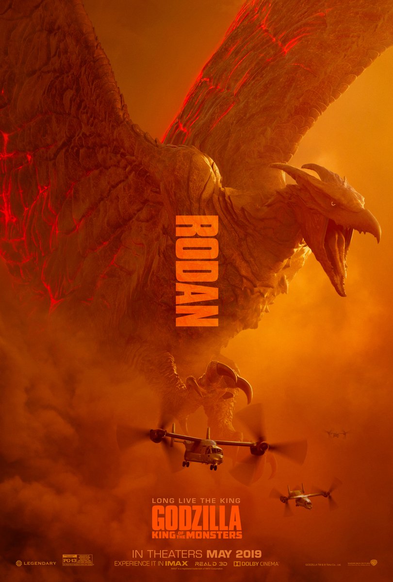 aircraft bell_helicopter bioluminescence boeing boeing_defense,_space_&amp;_security cloud elemental_(creature) energy epic fire_elemental giant giant_monster glowing glowing_eyes godzilla:_king_of_the_monsters godzilla_(series) highres horns kaiju legendary_pictures military military_transport_aircraft military_vehicle lava monster monsterverse movie_poster official_art pterosaur rodan text_focus tiltrotor toho v-22_osprey vtol wings