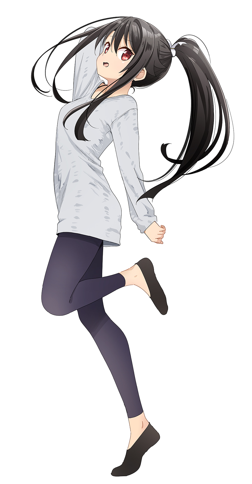 1girl abe_kanari alternate_costume black_hair black_leggings black_shoes full_body grey_sweater high_school_fleet highres leggings long_hair looking_at_viewer munetani_mashiro ponytail red_eyes shoes solo standing standing_on_one_leg sweater