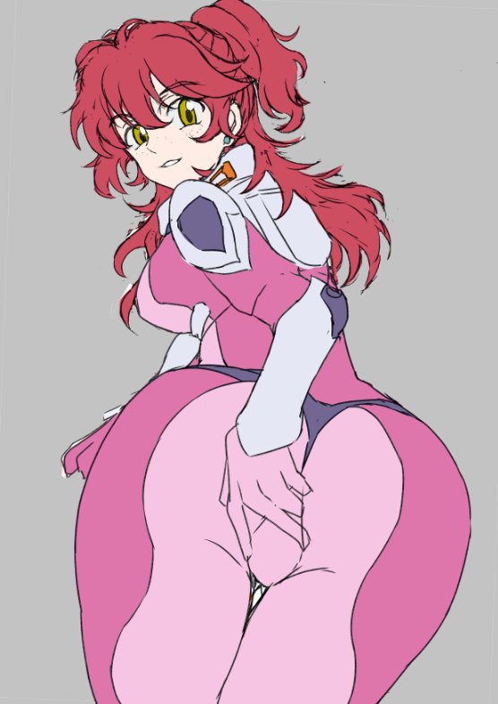 1girl ass ass_focus bodysuit breasts commentary from_behind grey_background gundam gundam_00 looking_at_viewer mecha_pilot_suit multicolored_bodysuit nena_trinity normal_suit_(gundam) red_hair safety_kaijo simple_background skin_tight solo spread_pussy spread_pussy_under_clothes spreading_own_pussy two_side_up yellow_eyes