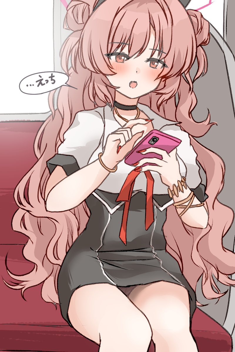 1girl :o black_choker black_skirt blue_archive bracelet brown_eyes brown_hair cellphone choker commentary_request double_bun fake_horns fang gyaru hair_between_eyes hair_bun hairband halo high-waist_skirt highres holding holding_phone horns indoors jewelry kirara_(blue_archive) knees_together_feet_apart long_hair looking_at_viewer nail_polish necklace on_bench pencil_skirt phone red_nails school_uniform short_sleeves sidelocks sitting skirt smartphone solo speech_bubble tififox train_interior wavy_hair
