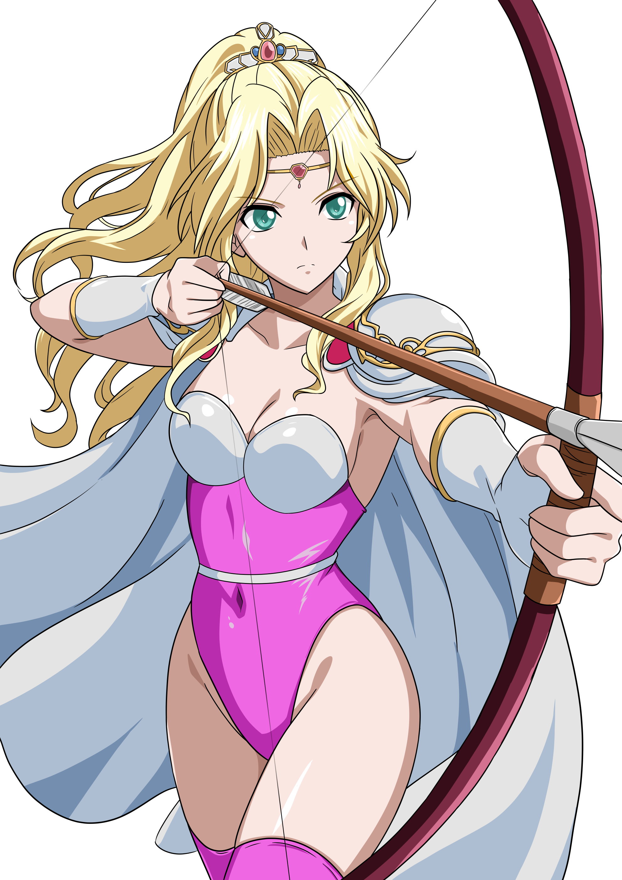 1girl absurdres aiming armor arrow_(projectile) blonde_hair blue_eyes bow_(weapon) breasts cape circlet commentary_request commission covered_navel final_fantasy final_fantasy_iv gauntlets highleg highleg_leotard highres leotard long_hair pink_leotard pink_thighhighs pixiv_commission ponytail rosa_farrell shoulder_armor simple_background solo square_enix strapless strapless_leotard thighhighs weapon white_background white_cape yuuyuu_(3jjbn)