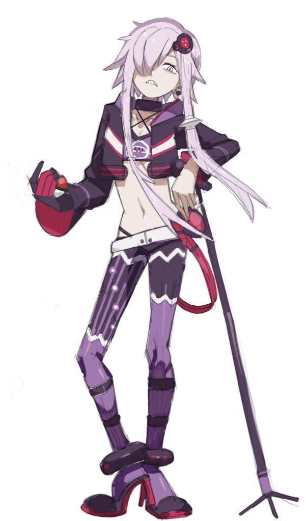 adapted_costume bags_under_eyes belt clenched_teeth collar commentary_request contrapposto crop_top cropped_hoodie cropped_shirt frown full_body gloves hair_ornament hair_over_one_eye halter_shirt halterneck head_tilt heel_up high_heels hiragi_sage holding holding_poke_ball hood hood_down hoodie leaning_on_object leggings long_hair long_sleeves looking_at_viewer microphone_stand midriff navel nintendo one_eye_covered open_clothes open_hoodie panty_straps poke_ball pokemon pokemon_swsh purple_collar purple_eyes purple_hair purple_hoodie purple_leggings short_hair_with_long_locks sidelocks single_glove slit_pupils standing teeth voiceroid white_belt yuzuki_yukari