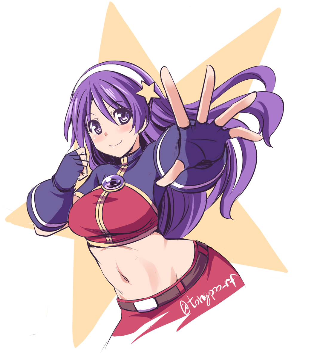 1girl artist_name asamiya_athena breasts clenched_hand fingerless_gloves gloves hairband highres large_breasts legs long_hair looking_at_viewer midriff navel outstretched_arm pale_skin purple_eyes purple_hair skirt smile snk star_(symbol) the_king_of_fighters the_king_of_fighters_2002 thighs tongpoo