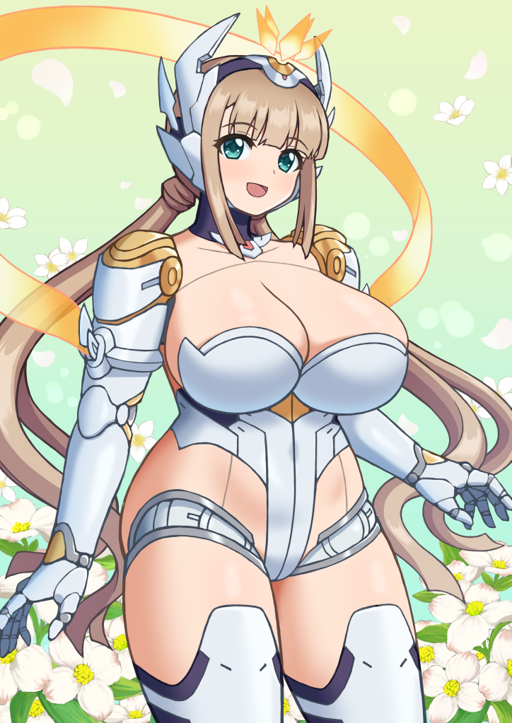 1girl alternate_costume android azure_striker_gunvolt blunt_bangs breasts brown_hair collarbone cosplay flower green_eyes gunvolt_chronicles_luminous_avenger_ix_2 headgear highleg highleg_leotard huge_breasts inumaru75707951 joints leotard looking_at_viewer low_twintails null_(luminous_avenger_ix_2) open_mouth robot_girl robot_joints roro_(gunvolt) roro_(gunvolt)_(cosplay) sidelocks smile solo twintails white_leotard