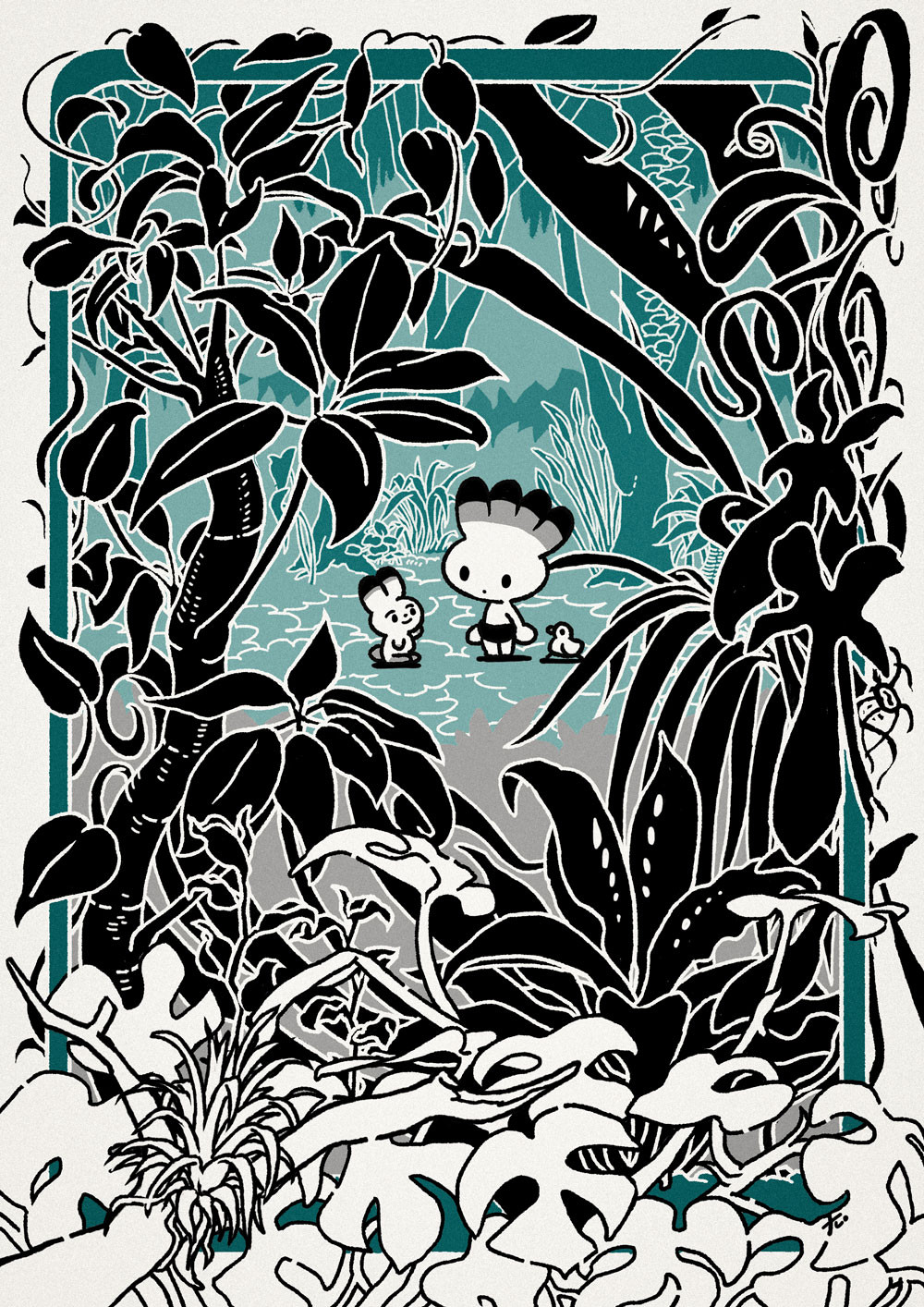 2boys aqua_theme bird black_shorts border commentary creature foliage forest grass highres leaf multiple_boys nature original outdoors plant shorts smile solid_circle_eyes spot_color standing symbol-only_commentary takitasaki tree vines white_border