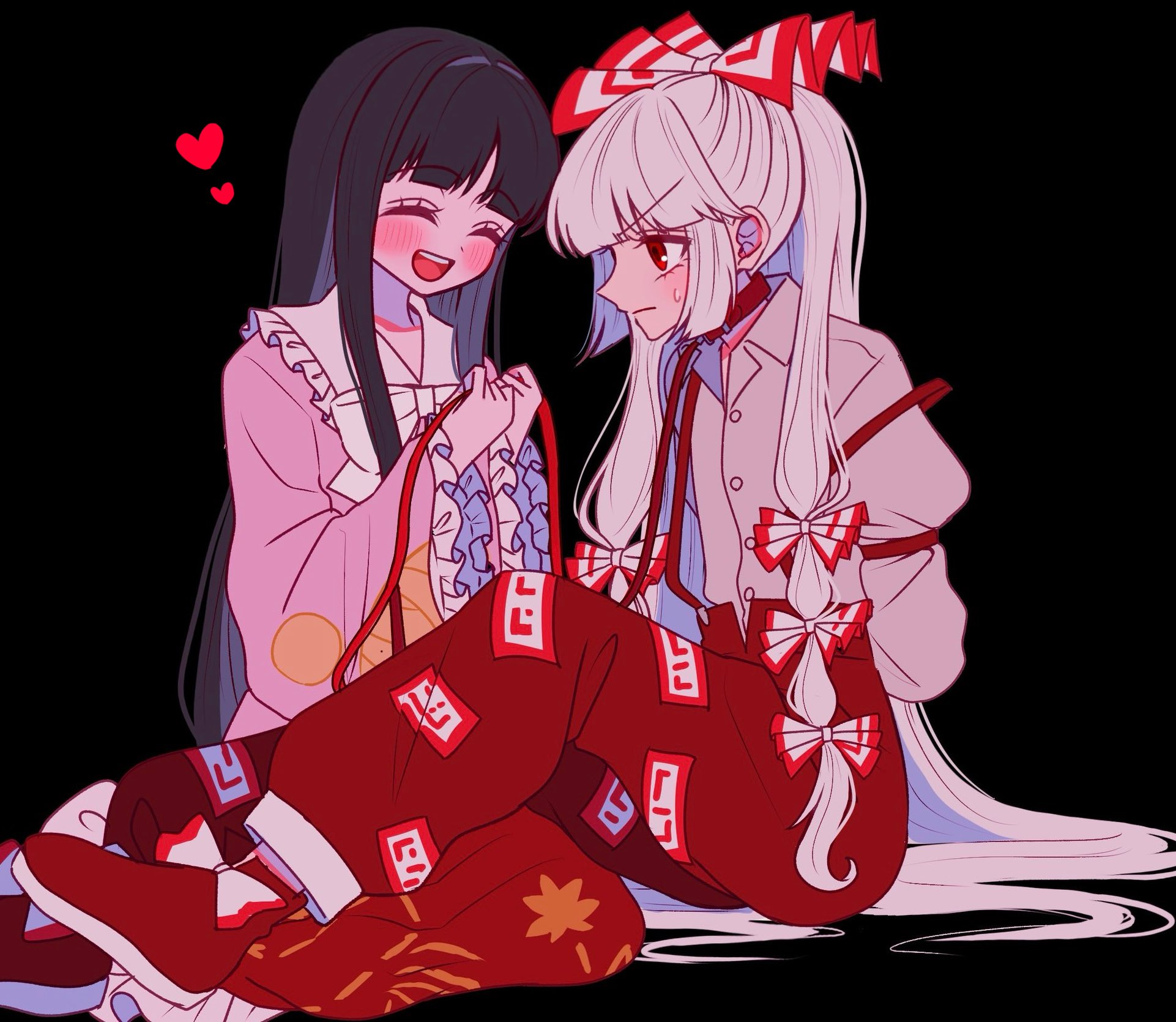 2girls black_background black_hair blush bow closed_eyes commentary footwear_bow fujiwara_no_mokou hair_bow heart highres holding holding_leash houraisan_kaguya leash long_hair multiple_girls ofuda ofuda_on_clothes open_mouth red_eyes simple_background symbol-only_commentary ta_mi_01000 teeth tongue touhou upper_teeth_only very_long_hair white_hair yuri