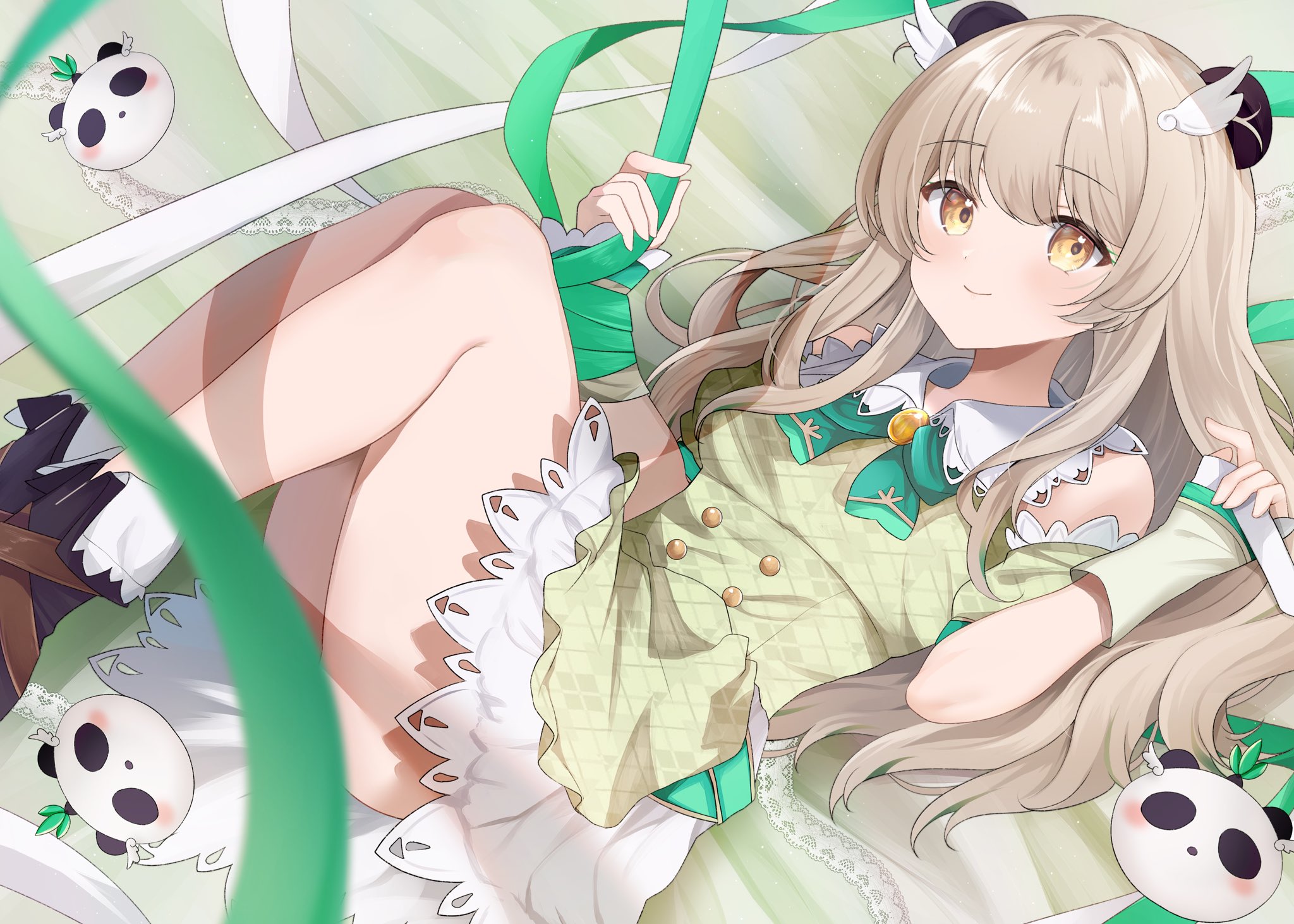 1girl amatsuna_sasaha animal_ears bed blush boots breasts brown_eyes closed_mouth feather_hair_ornament feathers hair_between_eyes hair_ornament highres indie_virtual_youtuber light_brown_hair long_hair looking_at_viewer ribbon small_breasts smile solo virtual_youtuber