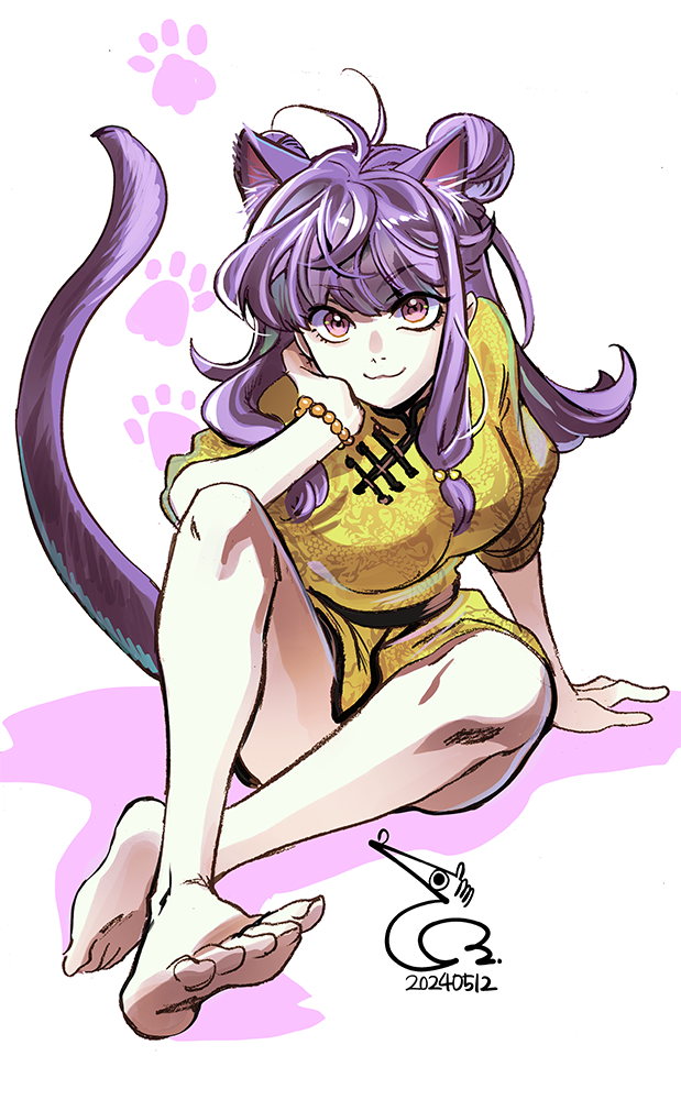 1girl animal_ears bad_id bad_pixiv_id bae_(baebae) cat_ears cat_girl cat_tail chinese_clothes dated double_bun dress hair_bun long_hair looking_at_viewer microdress paw_print purple_eyes purple_hair ranma_1/2 shampoo_(ranma_1/2) sidelocks signature sitting smile tail yellow_dress