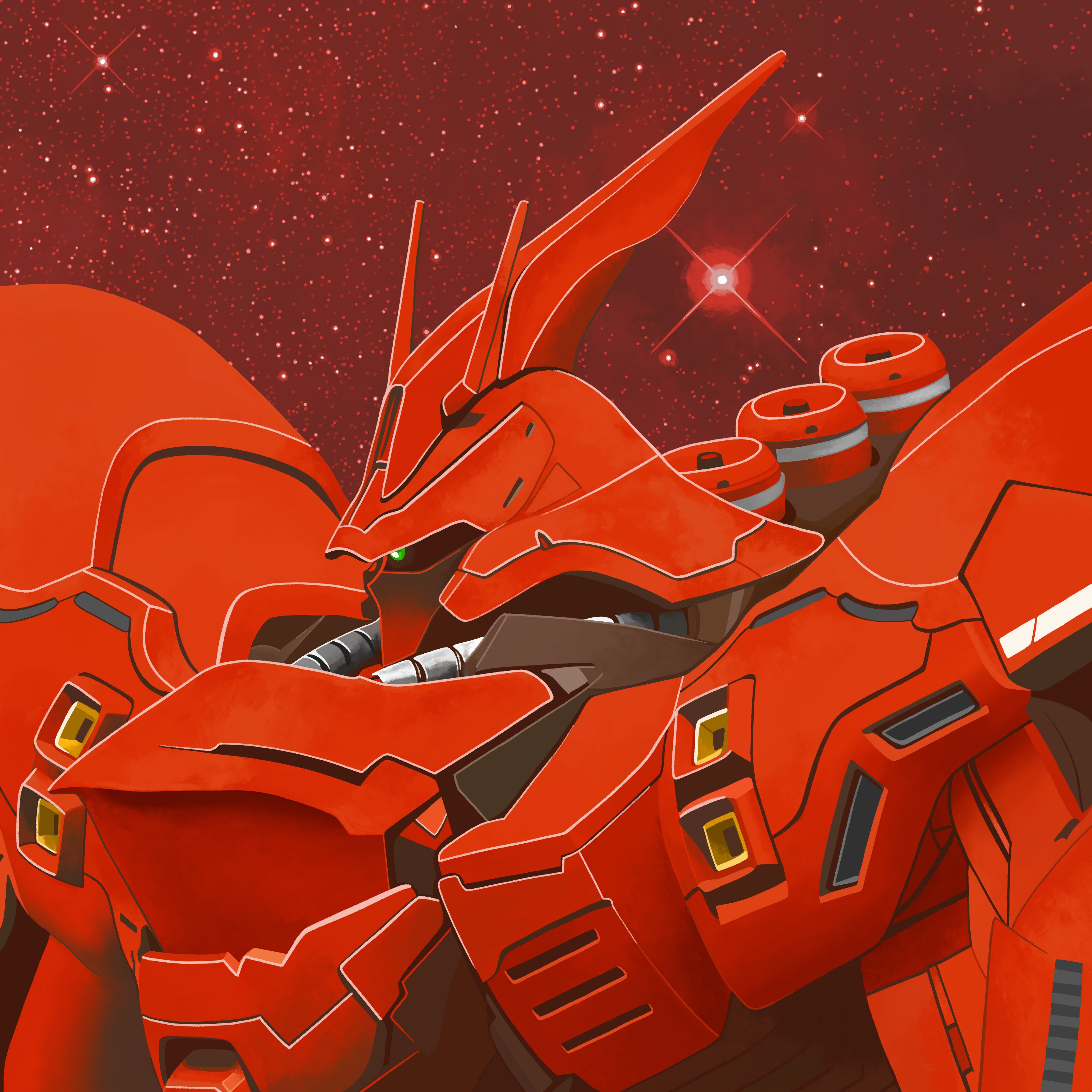absurdres char&#039;s_counterattack commentary dakota_randall english_commentary funnels_(gundam) green_eyes gundam highres mecha mecha_focus mobile_suit nebula neo_zeon no_humans one-eyed radio_antenna robot sazabi science_fiction solo space star_(sky) upper_body