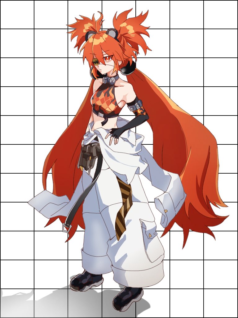 1girl baggy_pants bare_shoulders belt belt_pouch black_gloves crop_top elbow_gloves fingerless_gloves full_body gloves goggles goggles_on_head hair_between_eyes koleda_belobog long_hair midriff navel ntyu_dayo orange_eyes orange_hair pants pouch red_eyes red_hair smile solo standing twintails very_long_hair zenless_zone_zero