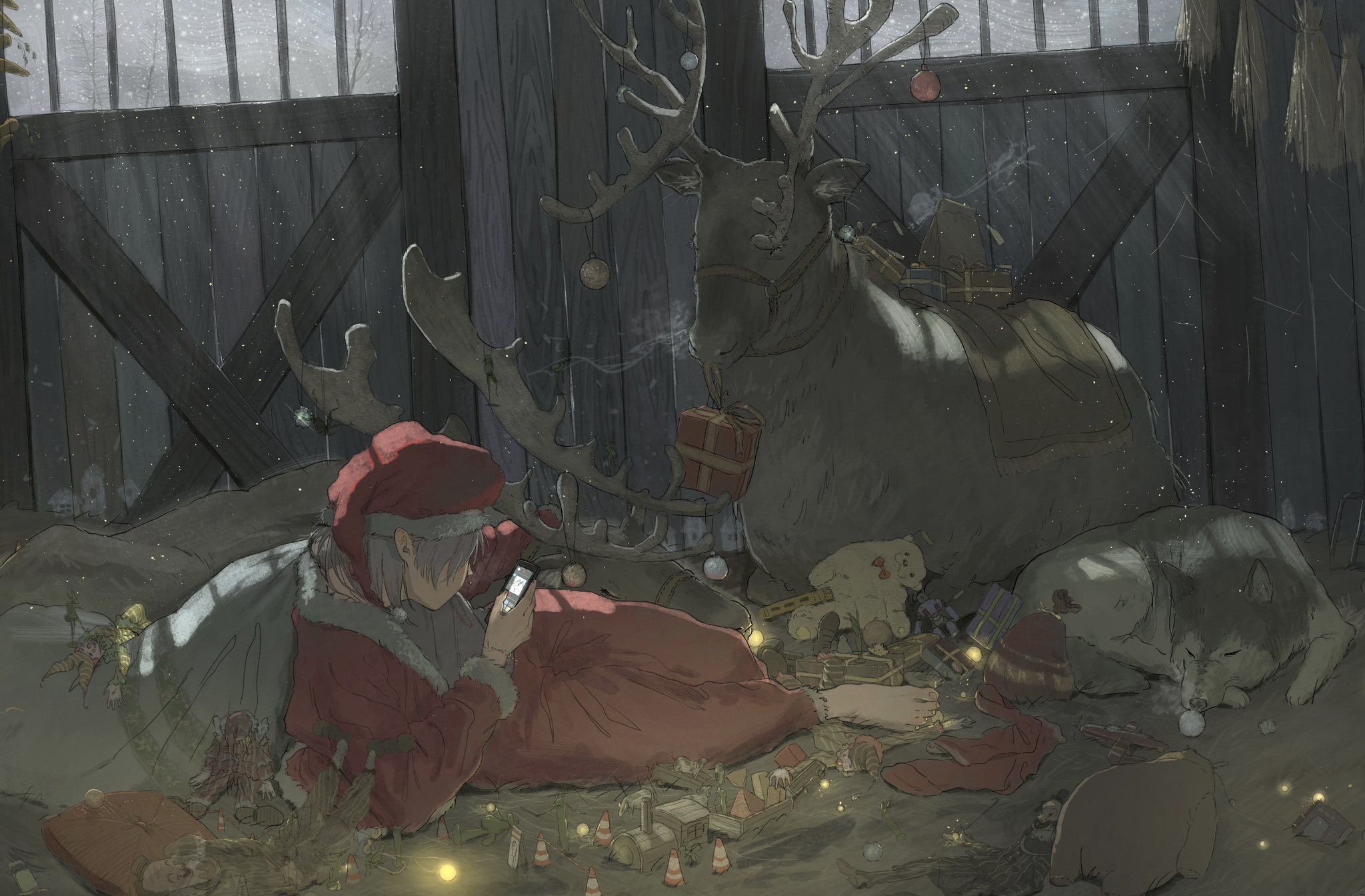 1boy animal barefoot barn box breath cellphone christmas_ornaments commentary_request dog feet fur_trim gift gift_box hat hay highres holding holding_phone indoors kusamie light_particles looking_at_phone lying original pants phone purple_hair red_pants reindeer reins sack santa_costume santa_hat sleeping_animal smartphone stuffed_animal stuffed_toy teddy_bear toy_train winter