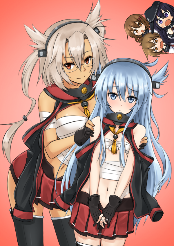 10s 5girls akatsuki_(kancolle) black_hair blonde_hair blue_eyes blush breasts brown_hair budget_sarashi cleavage cosplay dark-skinned_female dark_skin fingerless_gloves flat_chest glasses gloves hat headgear hibiki_(kancolle) ikazuchi_(kancolle) inazuma_(kancolle) jewelry kantai_collection large_breasts long_hair looking_at_viewer miniskirt multiple_girls musashi_(kancolle) musashi_(kancolle)_(cosplay) navel open_mouth peeking_out red_eyes ring sarashi school_uniform serafuku short_hair silent_sakia skirt thighhighs twintails two_side_up zettai_ryouiki