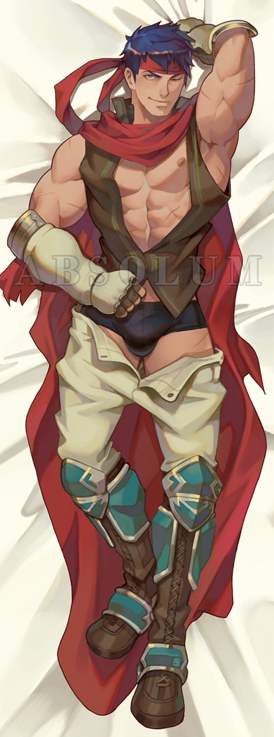 1boy abs absolum_art arm_up bara bare_pectorals bed_sheet blue_eyes blue_hair bulge cape commission dakimakura_(medium) fire_emblem fire_emblem:_radiant_dawn full_body gloves headband highres ike_(fire_emblem) ike_(vanguard_legend)_(fire_emblem) large_pectorals looking_at_viewer male_focus muscular nintendo nipples one_eye_closed open_pants pants pectorals red_cape shoes short_hair smile solo thighs undressing