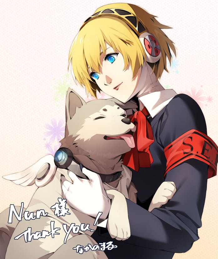 1girl aigis_(persona) android blonde_hair blue_eyes bow closed_mouth commentary commission dog english_commentary gloves koromaru_(persona) lips nakano_maru persona persona_3 red_bow robot_ears short_hair skeb_commission smile white_gloves wings