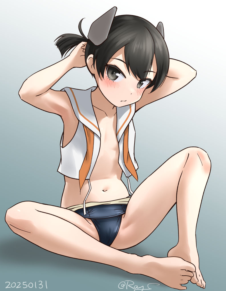 arm_behind_head barefoot black_eyes black_hair blue_one-piece_swimsuit clothes_pull grey_background headgear i-41_(kancolle) kantai_collection long_hair navel neckerchief old_school_swimsuit one-hour_drawing_challenge one-piece_swimsuit one-piece_swimsuit_pull open_clothes open_shirt orange_neckerchief ray.s sailor_collar sailor_shirt school_swimsuit shirt short_hair side_ponytail simple_background sitting sleeveless sleeveless_shirt swimsuit undone_neckerchief white_shirt