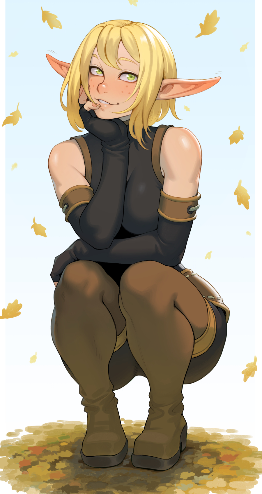 1girl black_gloves black_shirt blonde_hair boots breasts brown_boots cheshirrr commentary elbow_gloves elf evangelyne_(wakfu) fingerless_gloves freckles full_body gloves green_eyes hand_on_own_cheek hand_on_own_face highres large_breasts long_pointy_ears looking_at_viewer parted_lips pointy_ears shirt short_hair simple_background sleeveless sleeveless_shirt solo squatting thigh_boots thighs wakfu white_background