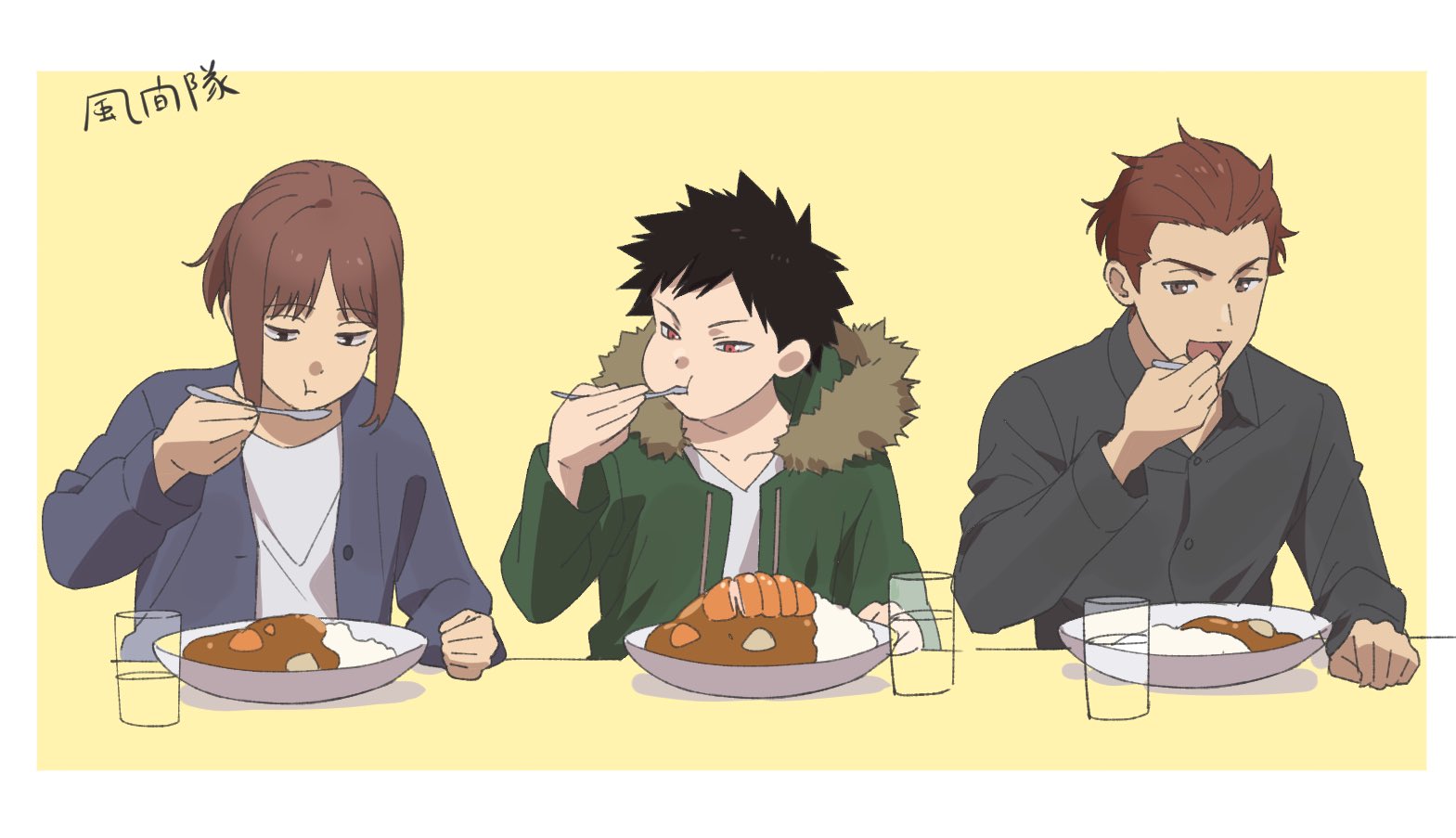 3boys black_eyes black_hair black_shirt blue_shirt brown_hair collared_shirt cup curry curry_rice food green_jacket hand_up holding holding_spoon jacket katsu_curry kazama_souya kikuchihara_shirou long_sleeves male_focus multiple_boys nocchan_chicchi open_mouth ponytail red_eyes rice shirt sidelocks smile spoon upper_body utagawa_ryou_(world_trigger) v-shaped_eyebrows white_shirt world_trigger yellow_background