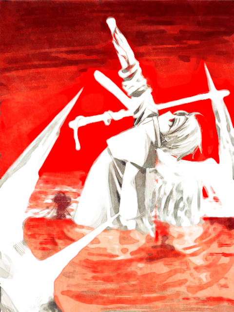 1boy angel_wings archangel_(baroque) baroque_(series) blood deep_wound empty_eyes impaled injury red_eyes red_sky robe sky tbing1 white_hair white_robe white_wings wings