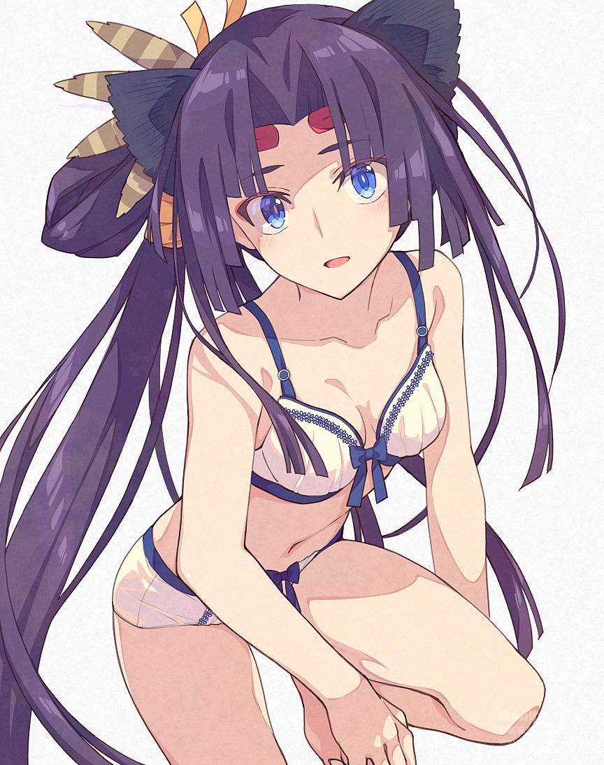 1girl bare_shoulders black_hair blue_eyes bra breasts cleavage fate/grand_order fate_(series) feather_hair_ornament feathers hair_bun hair_ornament leaning_forward long_hair looking_at_viewer medium_breasts navel open_mouth panties parted_bangs saipaco side_ponytail sidelocks single_side_bun solo underwear ushiwakamaru_(fate) very_long_hair white_bra white_panties