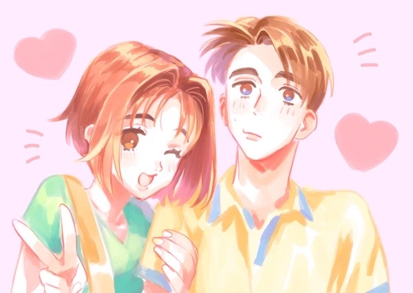 1boy 1girl bag bikkusama brown_eyes brown_hair can closed_mouth collared_shirt couple drink drink_can embarrassed eyebrows eyelashes fingernails forehead fujiwara_takumi green_shirt heart hetero initial_d light_blush lips lipstick makeup medium_hair mogi_natsuki one_eye_closed open_mouth pale_skin parted_bangs pink_background shirt short_hair shoulder_bag smile soda soda_can surprised sweatdrop tongue v wink yellow_shirt