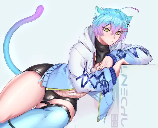 1boy ahoge animal_ears blue_hair cat_boy cat_ears cat_tail fishnets gradient_hair gradient_tail hood hoodie indie_virtual_youtuber linechu looking_at_viewer multicolored_hair pink_hair short_shorts shorts simple_background single_thighhigh tail tail_raised thick_thighs thighhighs thighs trap virtual_youtuber white_background yellow_eyes