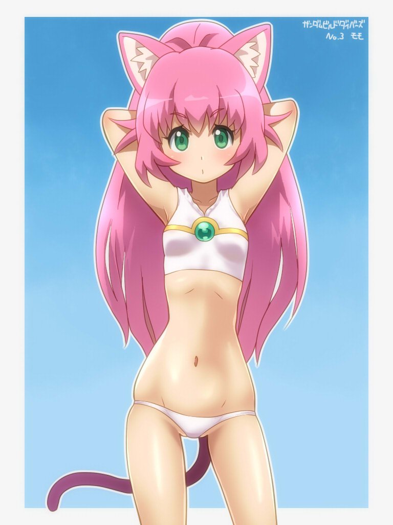 1girl animal_ears armpits arms_up awa bikini breasts cat_ears cat_girl cat_tail green_eyes gundam gundam_build_divers long_hair looking_at_viewer lowleg lowleg_bikini momo_(gundam_build_divers) navel pink_hair ponytail sleeveless small_breasts solo swimsuit tail tankini yashiro_momoka