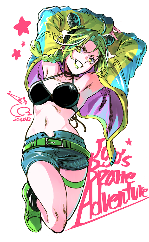 1girl bae_(baebae) belt black_hair breasts double_bun english_text green_eyes green_hair green_lips hair_bun jojo_no_kimyou_na_bouken kuujou_jolyne makeup midriff multicolored_hair navel short_shorts shorts simple_background smile solo stone_ocean two-tone_hair white_background