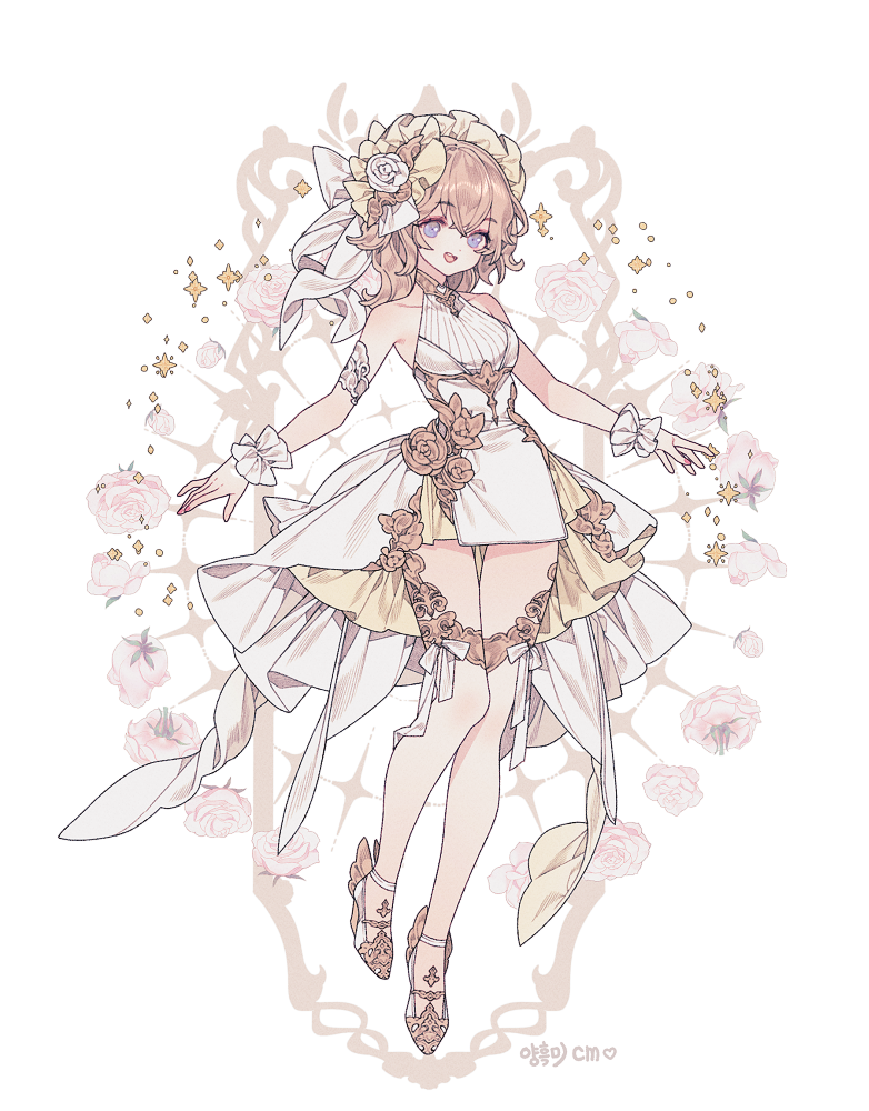 1girl asymmetrical_bangs blue_eyes brown_hair collarbone commentary commission curly_hair dress embroidery floral_background flower frilled_dress frilled_wrist_cuffs frills full_body gold_shoes hair_between_eyes hair_flower hair_ornament headdress leg_bow lemon89h looking_at_viewer original pink_flower pink_rose rococo_movement rose shoes single_arm_cuff solo thighhighs white_wrist_cuffs wrist_cuffs
