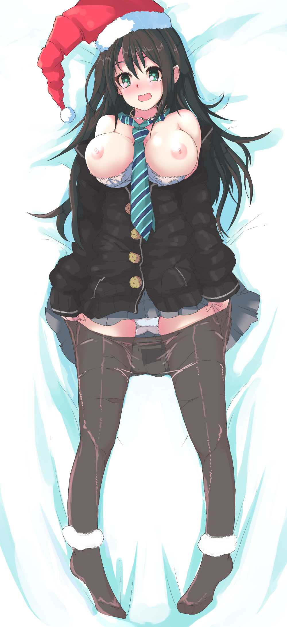 10s 1girl bad_id bad_pixiv_id bare_shoulders bed_sheet between_breasts blush bra bra_pull breasts breasts_out brown_hair brown_pantyhose clothes_pull echizen_(hvcv) female_focus full_body green_eyes hat highres idolmaster idolmaster_cinderella_girls jacket jewelry large_breasts long_hair looking_at_viewer lying necklace necktie necktie_between_breasts nipples on_back open_clothes open_jacket open_mouth panties pantyhose pantyhose_pull santa_hat school_uniform shibuya_rin skirt smile solo underwear white_bra white_panties