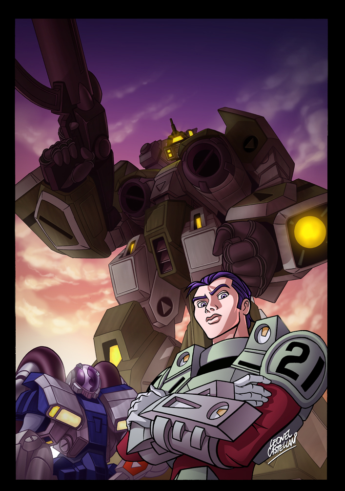 1980s_(style) 2boys armor cloud dusk gloves gun gunpod helmet kikou_souseiki_mospeada legioss leonel_castellani lips looking_at_viewer mecha military military_uniform mospeada mospeada_(mecha) multiple_boys oldschool power_armor power_suit retro_artstyle ride_armor rifle robot science_fiction serious signature stick_bernard weapon yellow_belmont