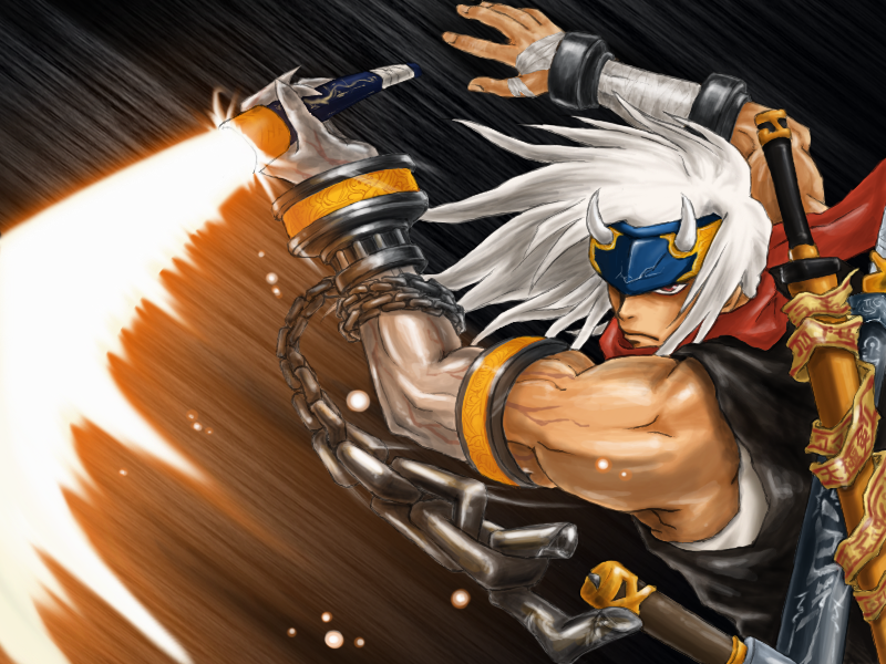 00s blademaster chain dungeon_and_fighter gauntlets gloves horns male_slayer_(dungeon_and_fighter) scarf spiked_hair sword weapon white_hair