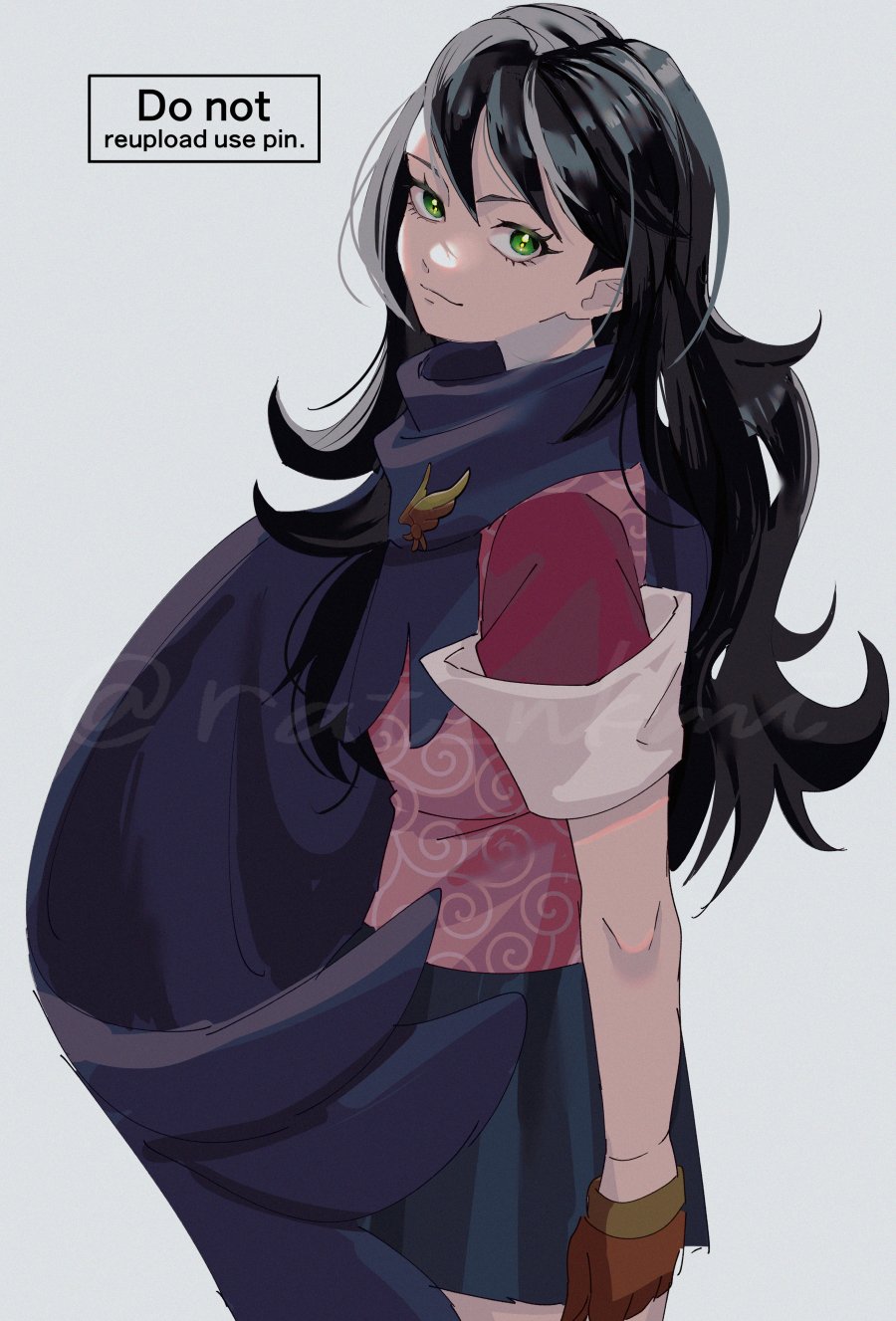 1girl ace_attorney alternate_hairstyle black_hair black_scarf black_skirt brown_gloves closed_mouth eyelashes fingerless_gloves from_side gloves green_eyes hair_down highres karakusa_(pattern) kay_faraday long_hair looking_at_viewer rat_nkmi scarf skirt smile solo