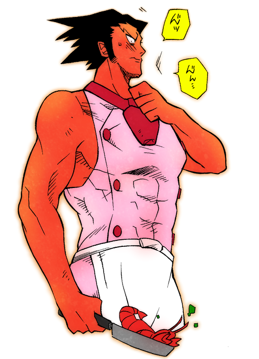 1boy ace_attorney alternate_costume apron black_hair blush colored_skin frying_pan furio_tigre holding holding_frying_pan lobster male_focus minashirazu muscular muscular_male phoenix_wright:_ace_attorney_-_trials_and_tribulations red_skin shirt short_hair simple_background sleeveless solo spiked_hair waist_apron white_apron white_background