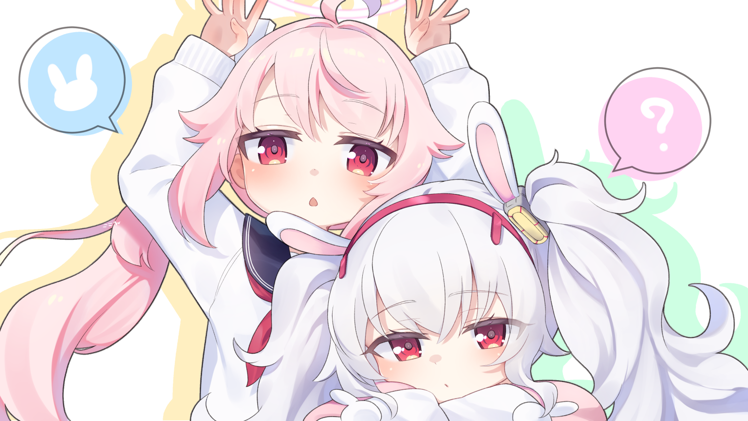 2girls ? ahoge animal_ears arms_up artist_name azur_lane blue_archive blue_sailor_collar blush cardigan commentary_request fake_animal_ears hairband kokone_(coconeeeco) laffey_(azur_lane) long_hair making-of_available multiple_girls naganawa_maria natsu_(blue_archive) neckerchief paid_reward_available parted_lips pink_eyes pink_hair pink_hairband pink_neckerchief rabbit_ears rabbit_pose sailor_collar side_ponytail speech_bubble spoken_animal spoken_question_mark twintails upper_body voice_actor_connection white_cardigan white_hair