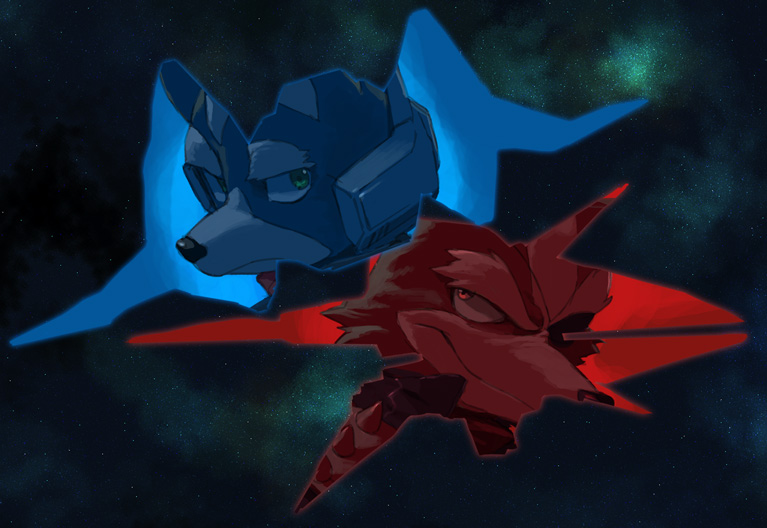 2boys animal_ears arwing bad_id bad_tumblr_id closed_mouth dog_nose eyepatch fox_boy fox_ears fox_mccloud furry furry_male looking_at_another looking_to_the_side male_focus motohashi_mari multiple_boys nintendo one_eye_covered smile star_fox wolf_boy wolf_ears wolf_o&#039;donnell wolfen