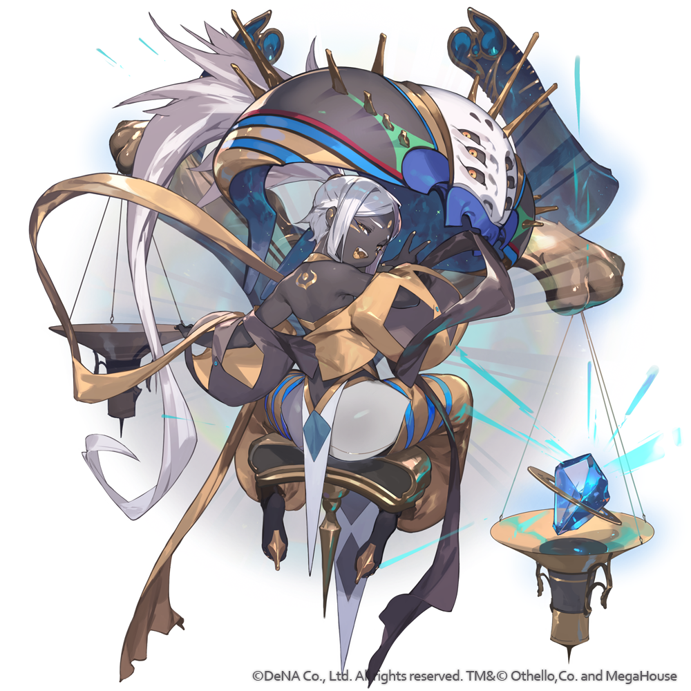 1girl :d absurdly_long_hair backless_outfit barefoot barefoot_sandals_(jewelry) crystal dark-skinned_female dark_skin detached_sleeves full_body gold_trim gyakuten_othellonia half-closed_eyes harem_pants long_hair looking_at_viewer mesugaki nail_polish open_mouth othellonia pants parted_bangs ponytail revealing_clothes smile so-taro solo very_long_hair weighing_scale white_background white_hair yellow_eyes