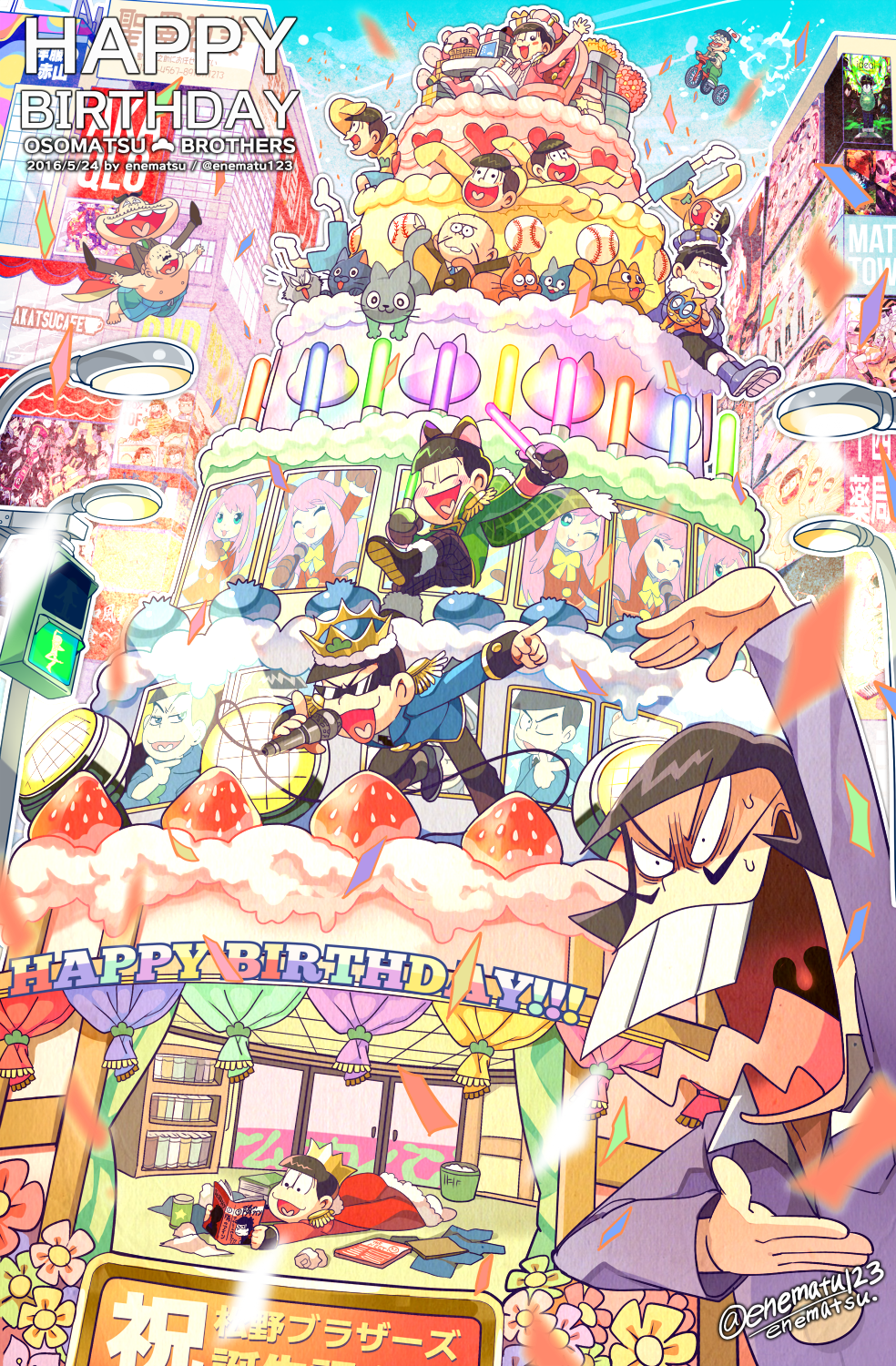 10s 6+boys baseball black_hair bowl_cut brothers buck_teeth building cake cape cat crown dated dayoon dekapan enerunaru esper_nyanko facial_hair food formal_clothes gift glasses glowstick happy_birthday hatabou heart heart_in_mouth highres hijirisawa_shonosuke hood hoodie iyami lamppost long_sleeves male_focus matsuno_choromatsu matsuno_ichimatsu matsuno_jyushimatsu matsuno_karamatsu matsuno_osomatsu matsuno_todomatsu messy_hair microphone multiple_boys multiple_persona mustache official_style osomatsu-kun osomatsu-san osomatsu_(series) purple_suit sextuplets sheeeh! shorts siblings skyscraper sleeves_past_wrists suit sunglasses teeth too_many too_many_cats traffic_light twitter_username