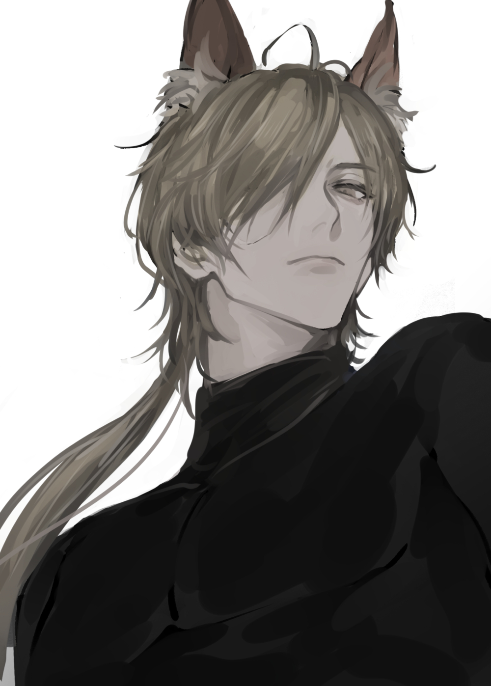 1boy animal_ear_fluff animal_ears arknights black_shirt brown_eyes brown_hair closed_mouth from_below hair_over_one_eye highres horse_ears long_hair looking_at_viewer looking_down low_ponytail male_focus mlynar_(arknights) ponytail shirt simple_background solo upper_body wh1tecookie white_background