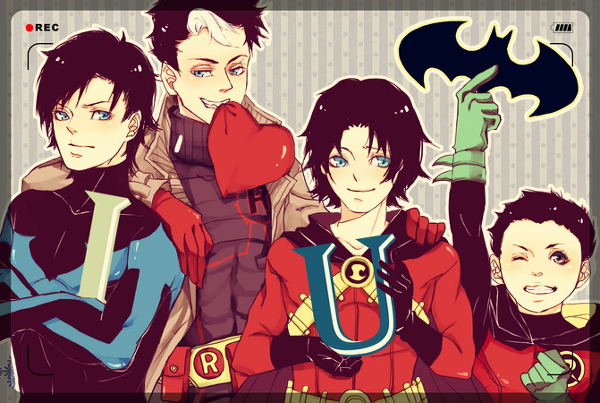 4boys bat_symbol batman_(series) battery_indicator belt black_gloves black_hair blue_eyes brothers cape damian_wayne dc_comics dick_grayson family gloves green_gloves heart jason_todd male_focus multicolored_hair multiple_boys nightwing red_gloves red_hood_(dc) red_robin robin_(dc) siblings smile striped_background tim_drake two-tone_hair vertical_stripes