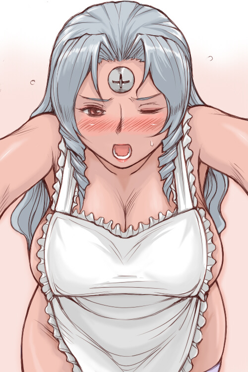 1girl apron blush breasts brown_eyes cleavage dark-skinned_female dark_skin embarrassed female_focus foreshortening huge_breasts large_breasts lipstick long_hair makeup naked_apron one_eye_closed open_mouth os-tan pov screw sideboob silver_hair solo sweatdrop tsuda_nanafushi vista-tan vistake wink