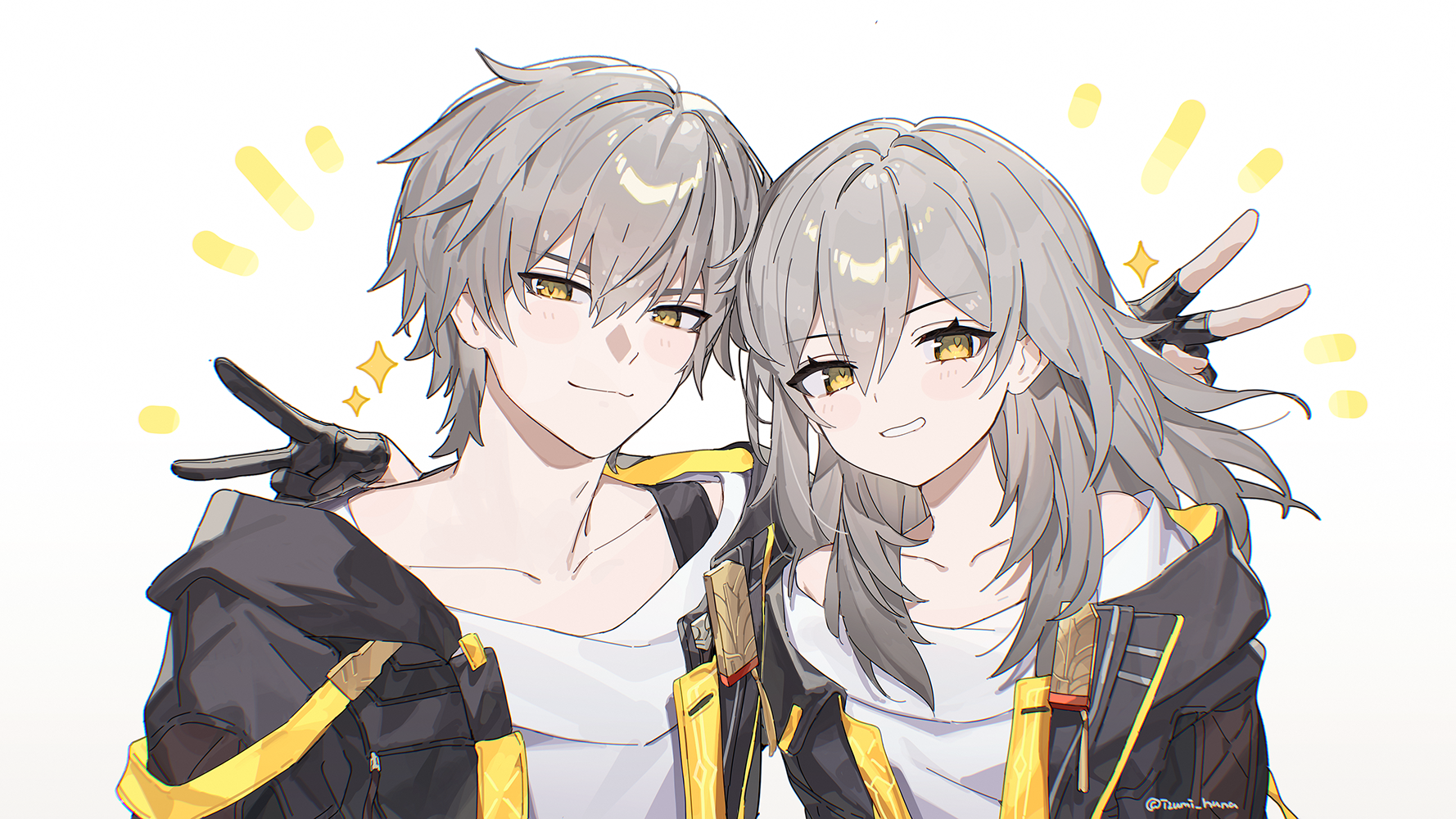1boy 1girl black_gloves black_jacket caelus_(honkai:_star_rail) closed_mouth collarbone dual_persona funa_(sakana) gloves grey_hair grin half_gloves highres honkai:_star_rail honkai_(series) jacket long_hair looking_at_viewer shirt short_hair sidelocks smile stelle_(honkai:_star_rail) teeth trailblazer_(honkai:_star_rail) upper_body v white_shirt yellow_eyes