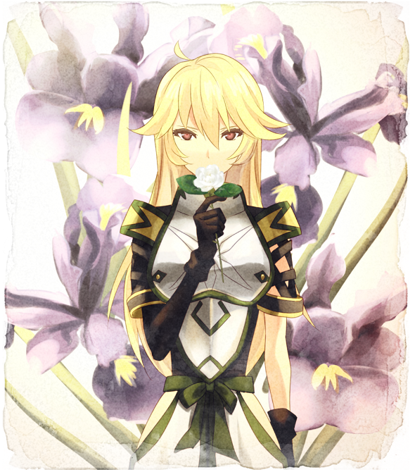 .hack// .hack//games 1girl ahoge armor asymmetrical_sleeves black_gloves blonde_hair breastplate commentary_request covering_own_mouth cowboy_shot criss-cross_sleeves faux_traditional_media flipped_bangs floral_background flower flower_over_mouth flower_request gardenia_(.hack//) gloves green_sash green_trim hair_between_eyes hip_vent holding holding_flower kanade_(unchi_knd280) long_bangs long_hair looking_at_viewer orange_eyes purple_flower sash skirt solo straight-on very_long_hair waist_sash white_flower white_skirt