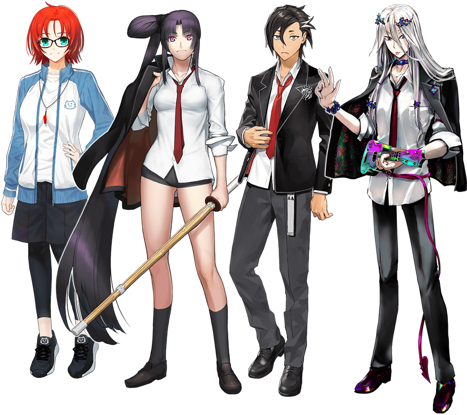 aotsuki_takao black_jacket black_pants boudica_(fate) buttons collared_shirt fate/grand_order fate_(series) full_body ginka_sima glasses hair_ornament holding holding_instrument holding_sword holding_weapon id_(fate/grand_order) instrument jacket leggings loafers long_hair long_sleeves looking_at_viewer low-tied_long_hair mandricardo_(fate) necktie official_art outline pants pfalz red_necktie sakamoto_mineji school_uniform second-party_source shirt shoes short_hair shorts sneakers socks standing sword taira_no_kagekiyo_(fate) track_jacket transparent_background ukulele ushiwakamaru_(fate) very_long_hair weapon whistle whistle_around_neck white_outline white_shirt wolfgang_amadeus_mozart_(fate) wooden_sword