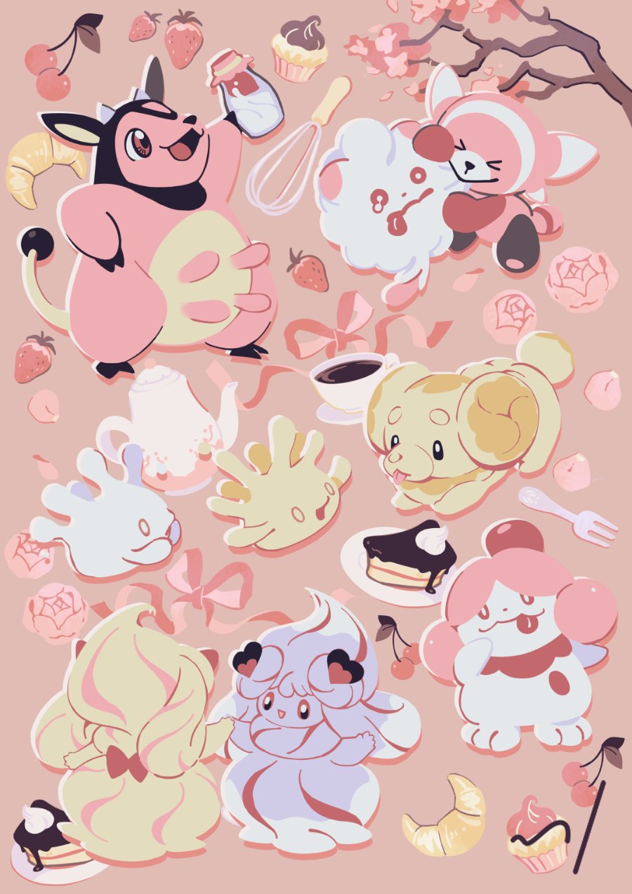 alcremie cake cherry coffee croissant cupcake fidough flower food fruit full_body gen_2_pokemon gen_6_pokemon gen_7_pokemon gen_8_pokemon highres holding milcery milk miltank nessiesu nintendo no_humans open_mouth pink_background pokemon pokemon_(creature) ribbon rose simple_background slurpuff smile strawberry stufful swirlix tongue tongue_out tree whisk