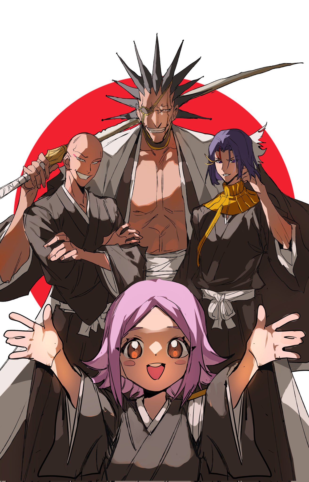 1girl 3boys :d abs ayasegawa_yumichika bald belt black_hair black_kimono bleach brown_eyes commentary corrupted_twitter_file eyepatch grin haori highres holding holding_sword holding_weapon japanese_clothes katana kimono kusajishi_yachiru large_pectorals madarame_ikkaku multiple_boys muscular muscular_male open_clothes open_kimono open_mouth outstretched_arms over_shoulder pectorals purple_hair scar scar_across_eye scar_on_face smile spiked_hair standing sword sword_over_shoulder teeth upper_teeth_only weapon weapon_over_shoulder white_belt white_haori xi_luo_an_ya zaraki_kenpachi