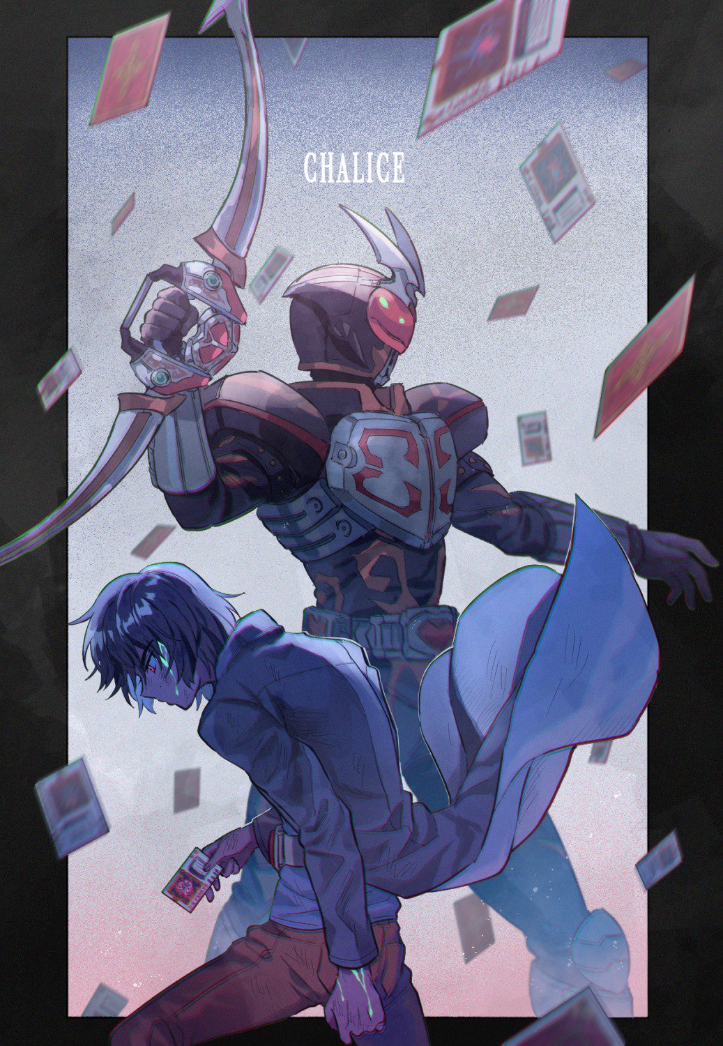 aikawa_hajime armor blood bow_(weapon) breastplate card colored_blood dual_persona green_blood highres holding holding_card kamen_rider kamen_rider_blade_(series) kamen_rider_chalice long_coat male_focus profile red_eyes rider_belt shinonoko_(tubamecider) weapon